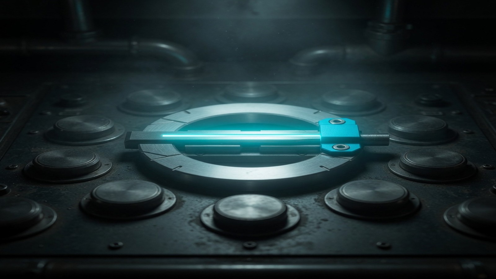 The QuorumLatch device: a circular industrial latch, the point-of-record mark.